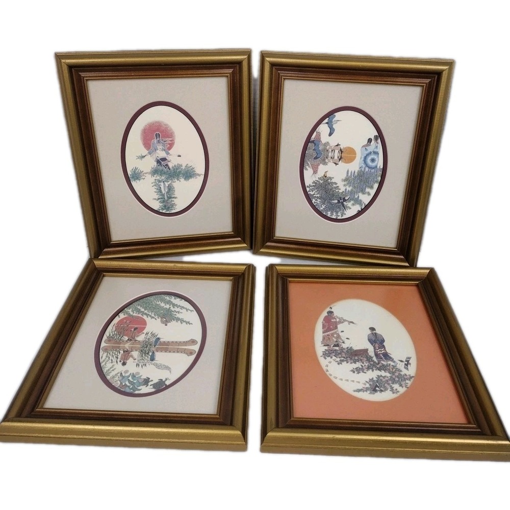 Paul Goble Native American Plains Art Prints Set of 4 Framed Oval Wall Art USA